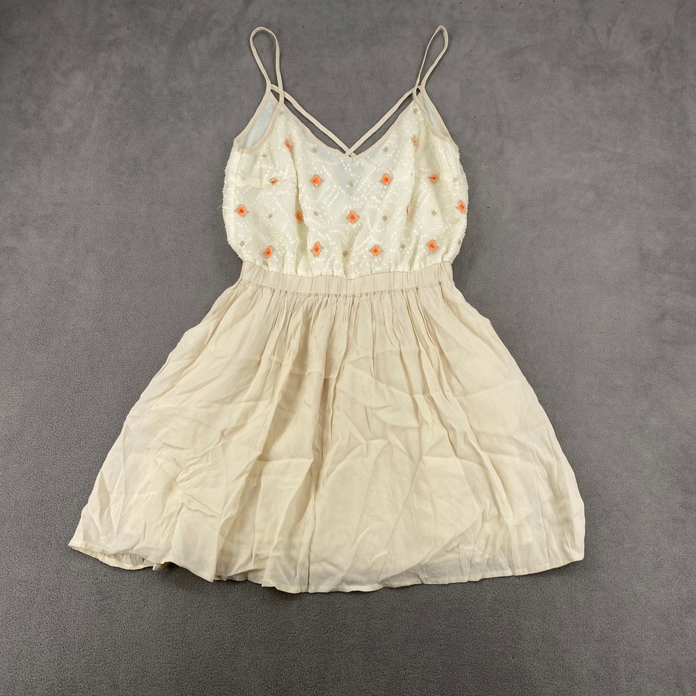 Miss Me Cream Embroidered Boho Mini Dress Orange Diamond Accents Small 5404